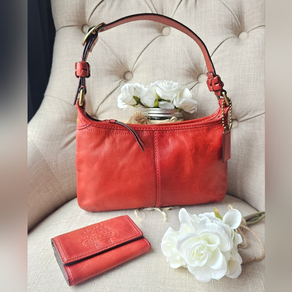 Coach Legacy Bleeker Burnished Vachetta Leather Shoulder Bag & Wallet Set Red